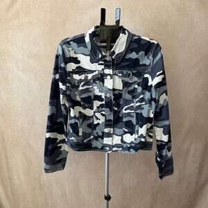 JouJou New Premium Denim Collection Blue Grey Camo Print Cropped Jacket Wmns XL